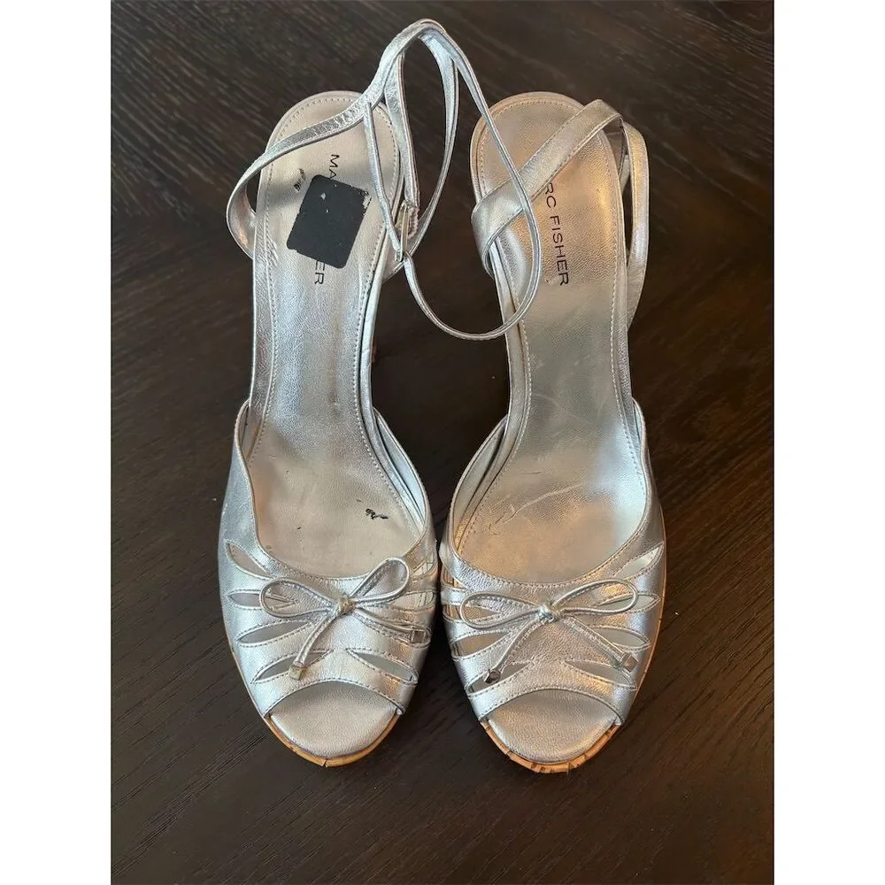 Marc Fisher Silver Metallic Women's Strappy Cork Platform Heels Size‎ 10